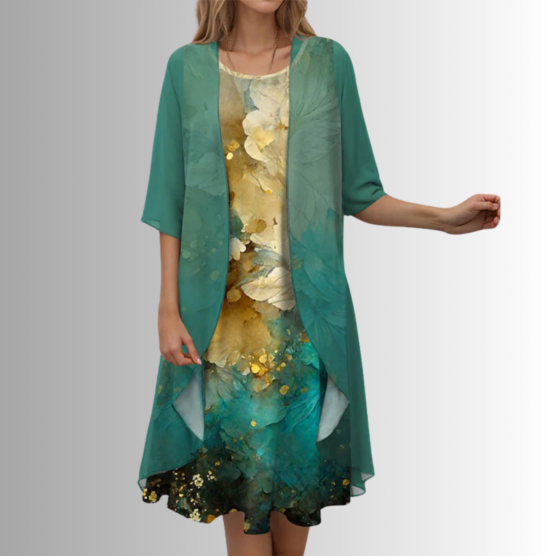 ADELINE | Florales Midikleid und transparenter Staubmantel zweiteiliges elegantes Set im Lagenlook
