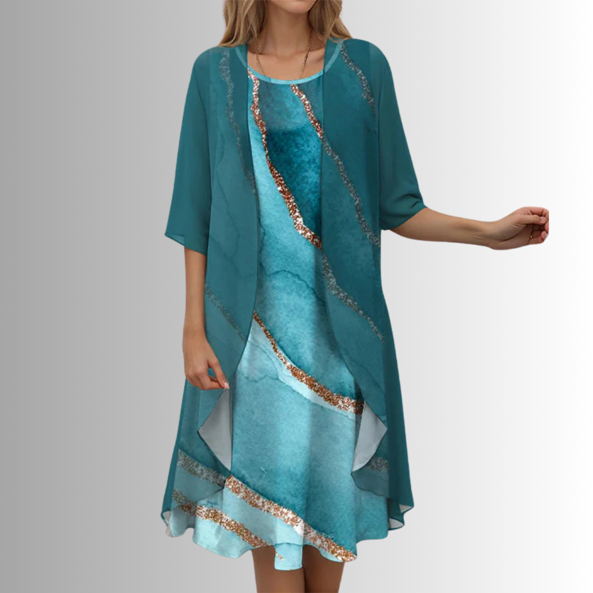 ADELINE | Florales Midikleid und transparenter Staubmantel zweiteiliges elegantes Set im Lagenlook