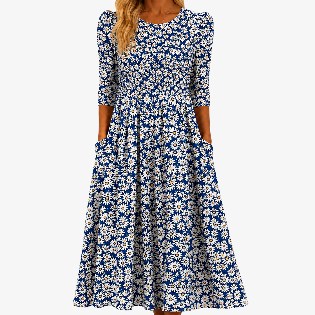 Blaues Gänseblümchen Garten Maxi-Kleid mit Taschen