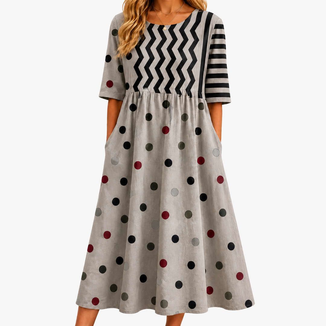 Modernes Charm-Midi-Kleid mit Mustermix und Taschen