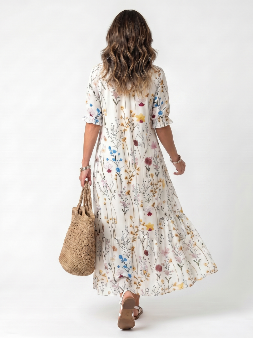 Sylvie | Midikleid mit botanischem Druck und Quastenbindung