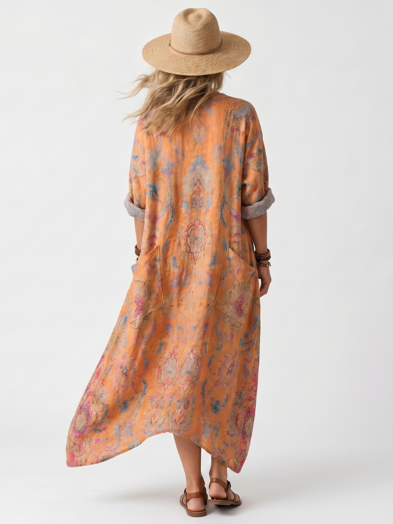 Remi | Midi-Kleid mit überschnittenem Kragen, Print und übergroßen Taschen