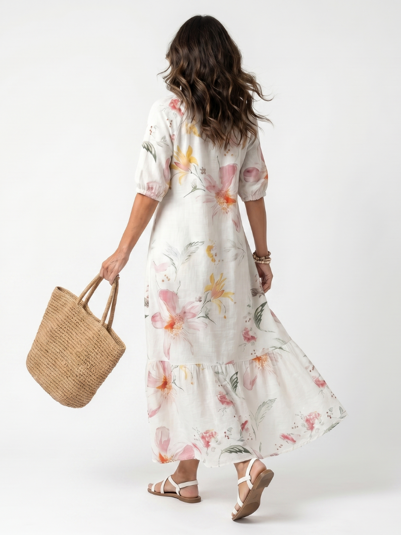 Noa | Midi-Kleid mit Blumenmuster, Stufen und Quasten