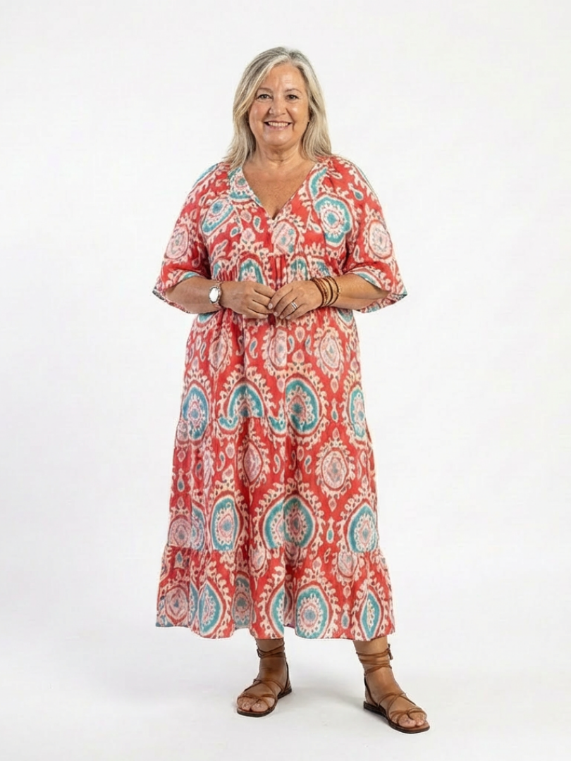 Zaria | Paisley-Print Midi-Kleid mit V-Ausschnitt und kurzen Ärmeln