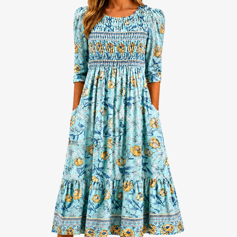 Golden Bloom Smocked Garden Midikleid