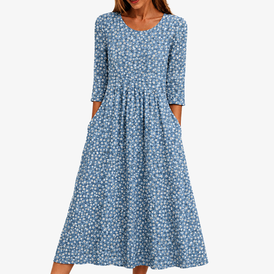 Blaues Blumen-Midi-Kleid zum einfachen Anziehen