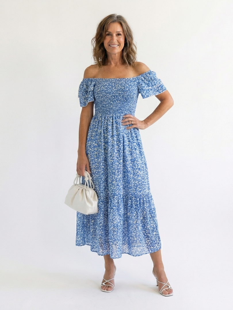 Odette | schulterfreies, geblümtes Midikleid mit Smokeinsätzen