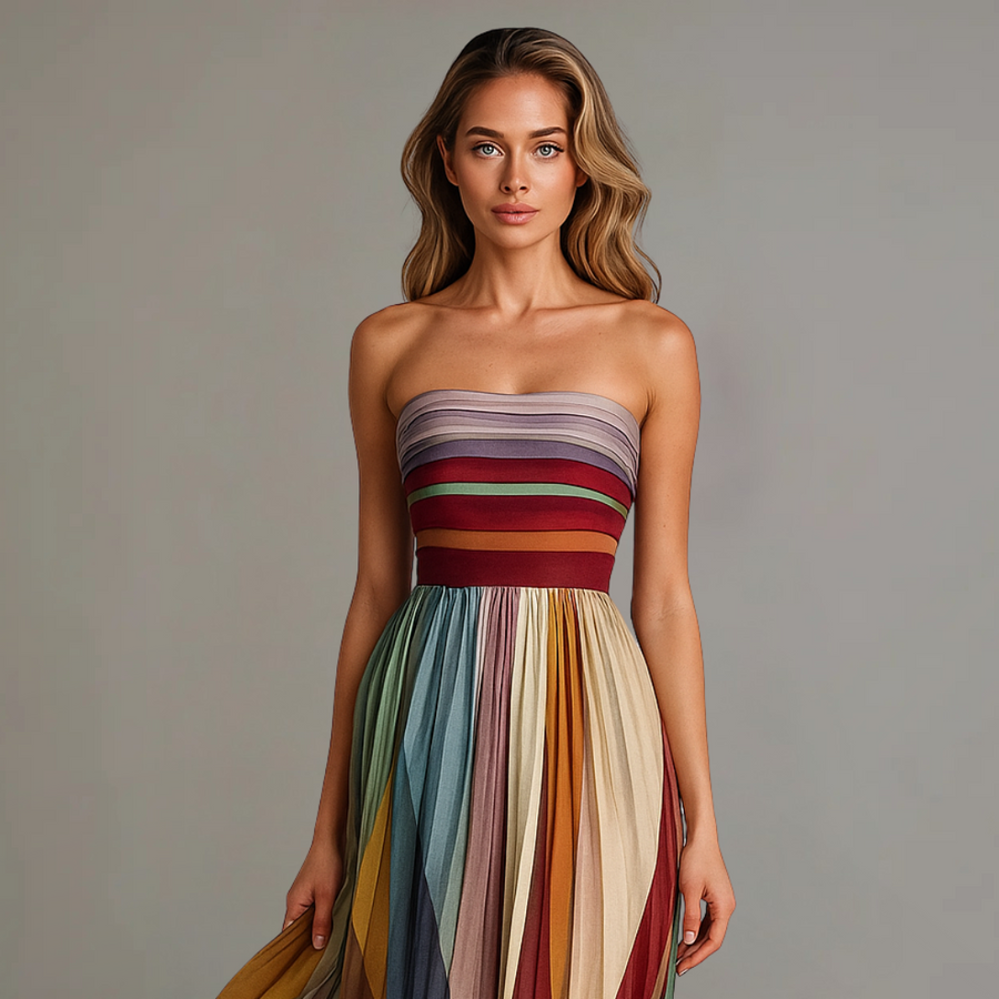 Judith™ | Damen trägerloses, farbenfrohes, plissiertes Sommer Maxikleid Trägerlos