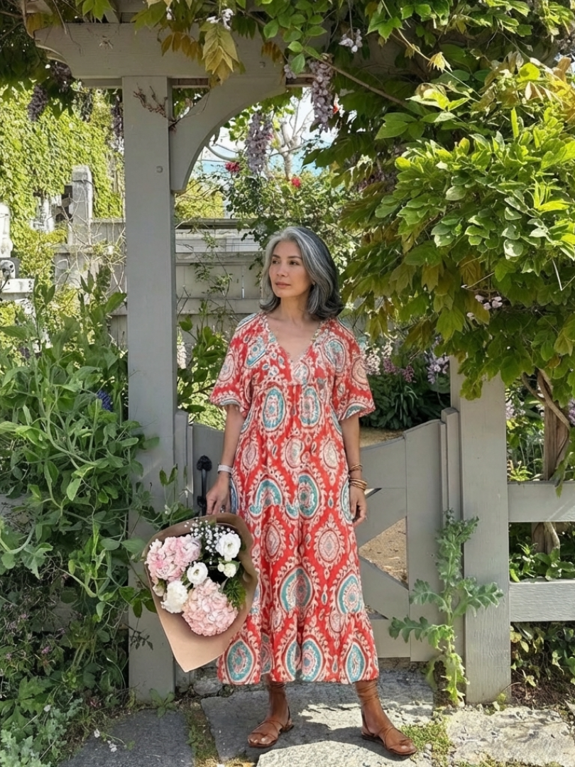 Zaria | Paisley-Print Midi-Kleid mit V-Ausschnitt und kurzen Ärmeln