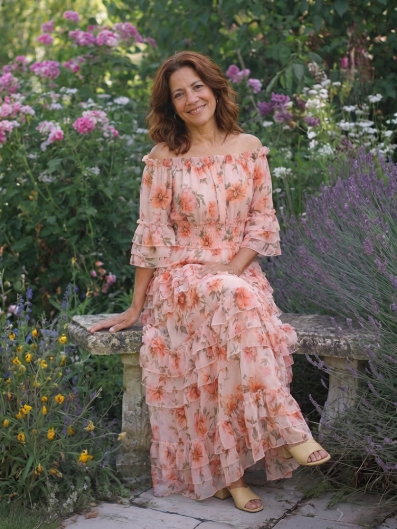 Rosalie | Maxikleid mit Blumenmuster, Carmenausschnitt und Stufenrüschen