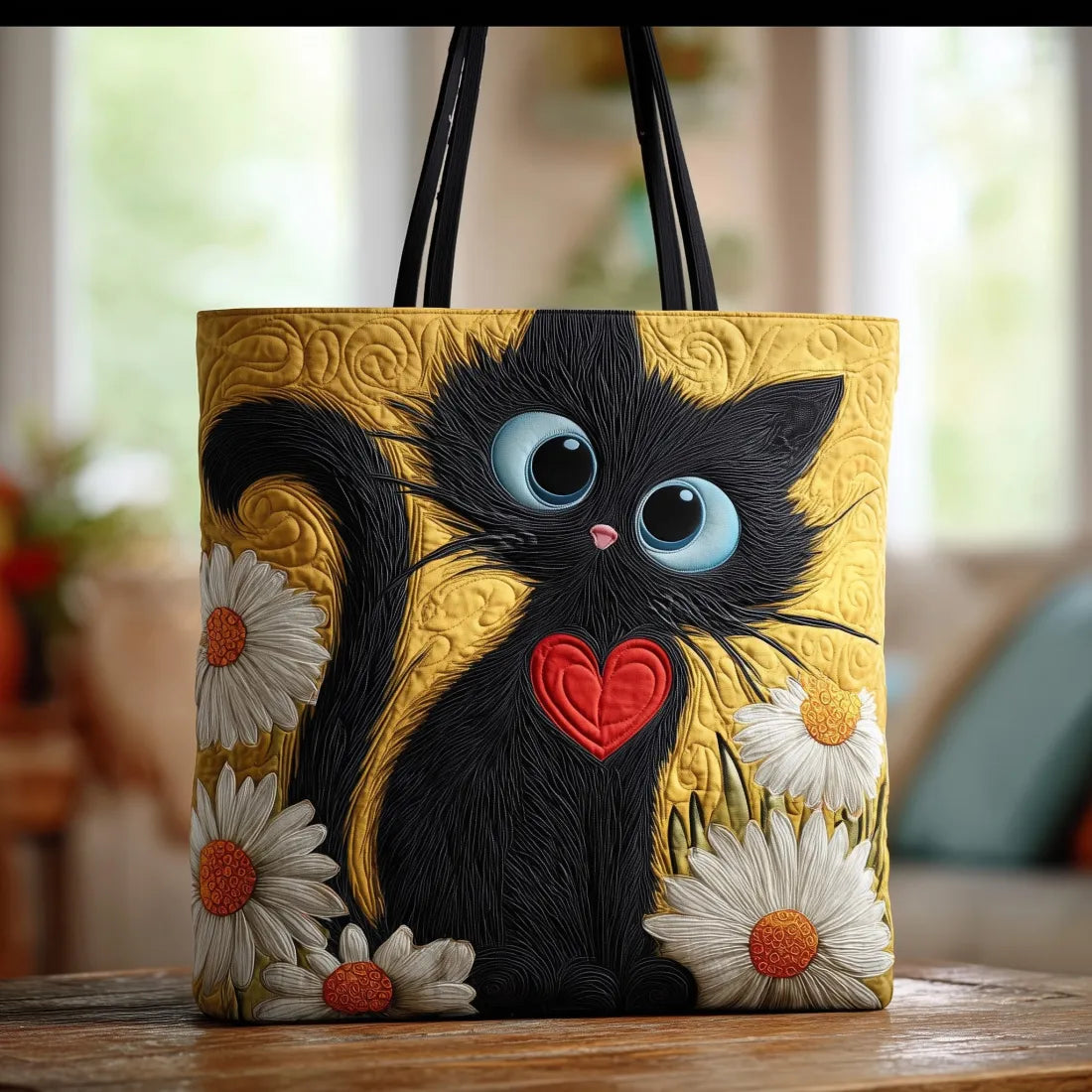 Handwerkliche Tasche – Schwarze Katze mit Gänseblümchen