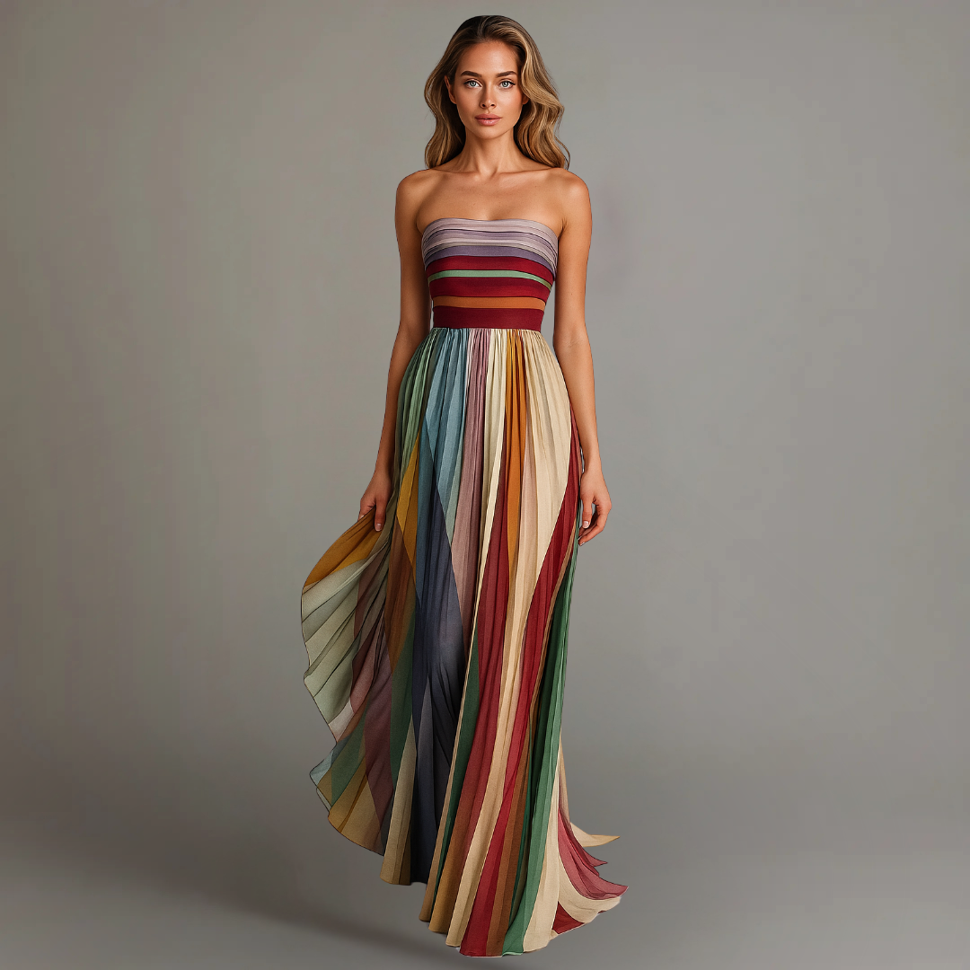 Judith™ | Damen trägerloses, farbenfrohes, plissiertes Sommer Maxikleid Trägerlos