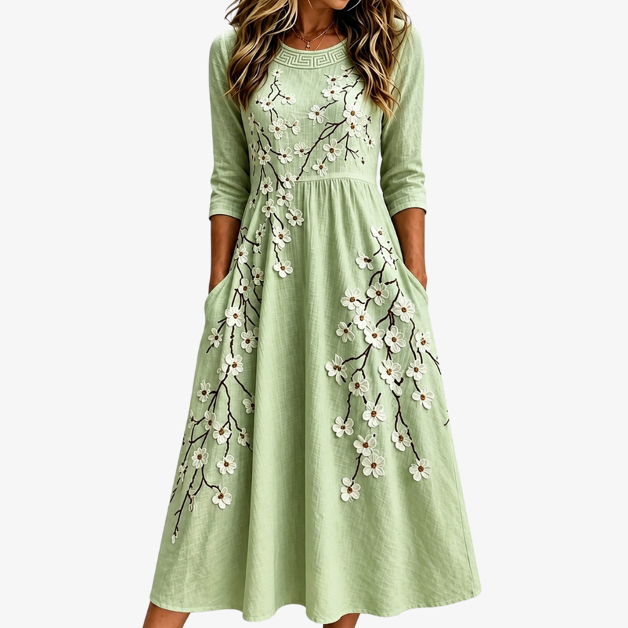 Wadenlanges Kleid mit Taschen "Salbeiblüten-Garten"