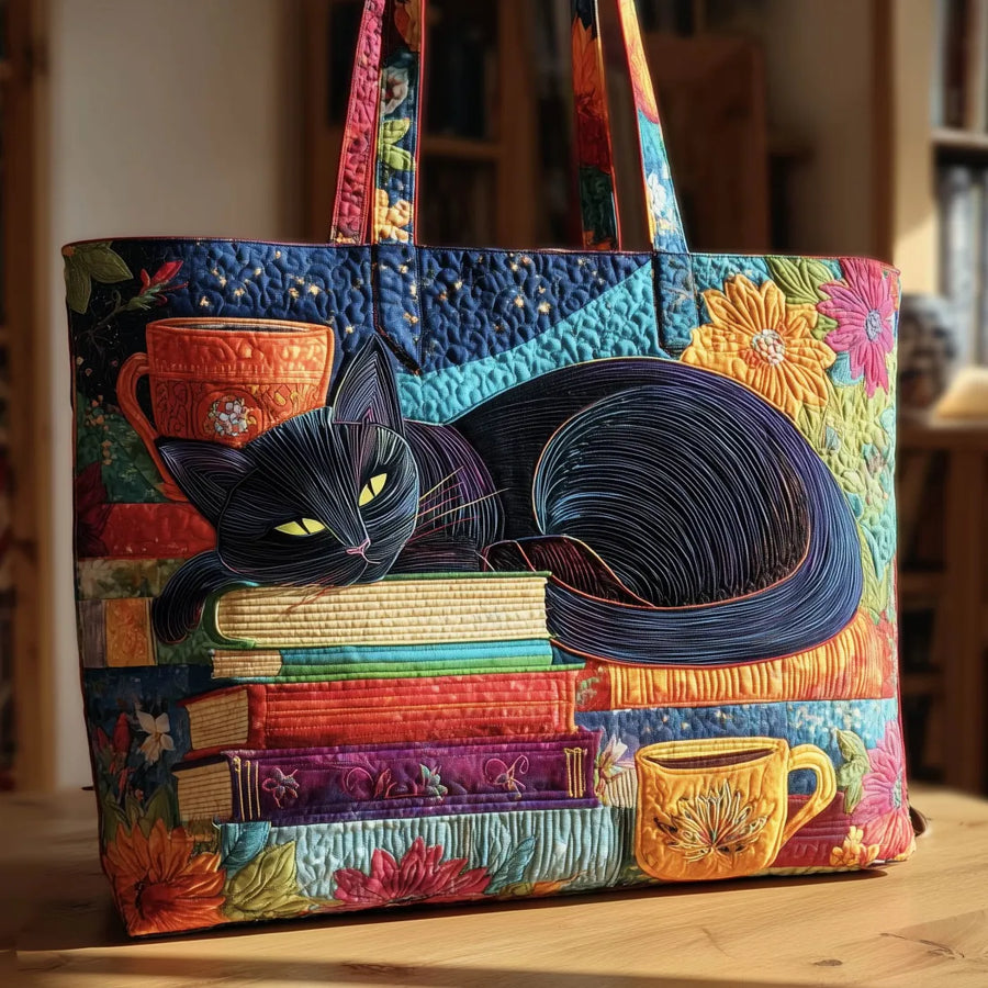 Handwerker-Tasche – Schwarze Katze mit Büchern und Tassen