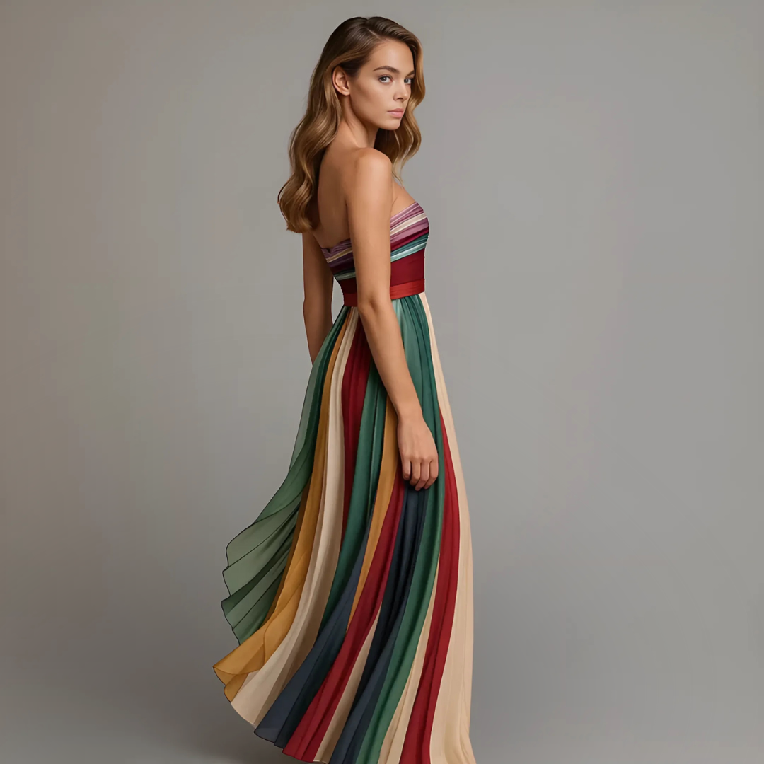 Judith™ | Damen trägerloses, farbenfrohes, plissiertes Sommer Maxikleid Trägerlos