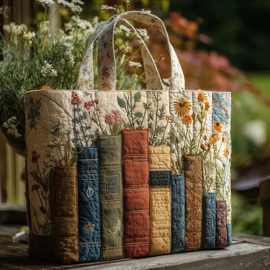 Handgefertigte Stepptasche - Bücher und Blumen