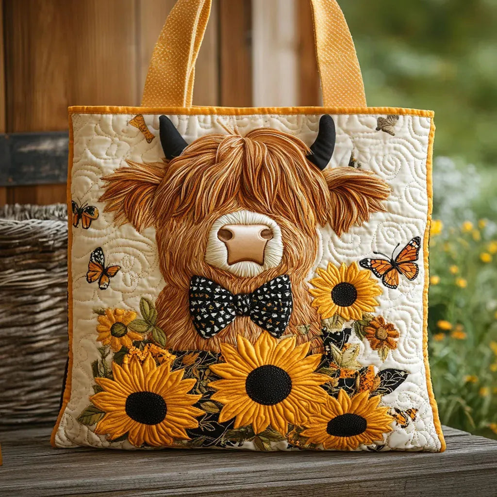 Gesteppte Tasche - Schottisches Hochlandrind mit Sonnenblumen