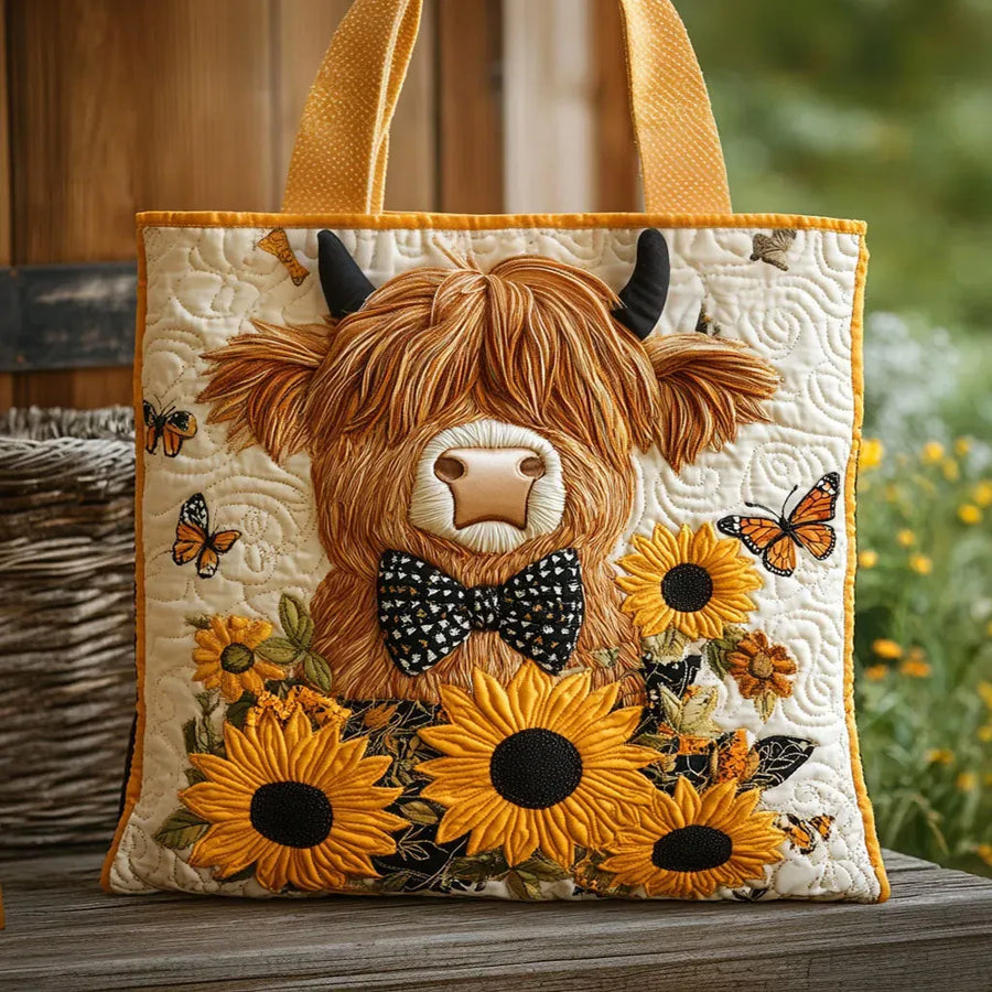 Gesteppte Tasche - Schottisches Hochlandrind mit Sonnenblumen