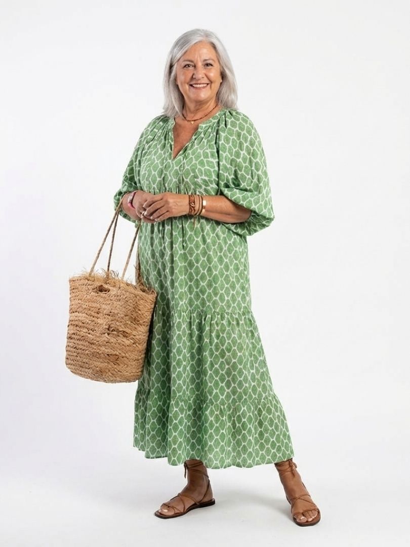 Apolline | Midi-Kleid mit V-Ausschnitt und Muster mit Dreiviertelärmeln