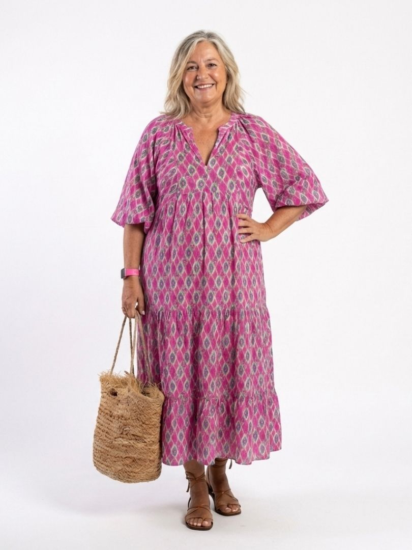 Apolline | Midi-Kleid mit V-Ausschnitt und Muster mit Dreiviertelärmeln