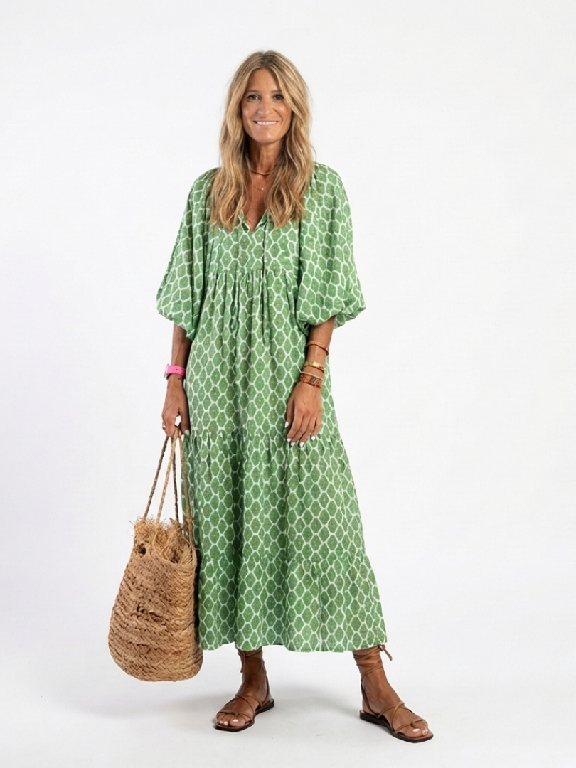 Apolline | Midi-Kleid mit V-Ausschnitt und Muster mit Dreiviertelärmeln