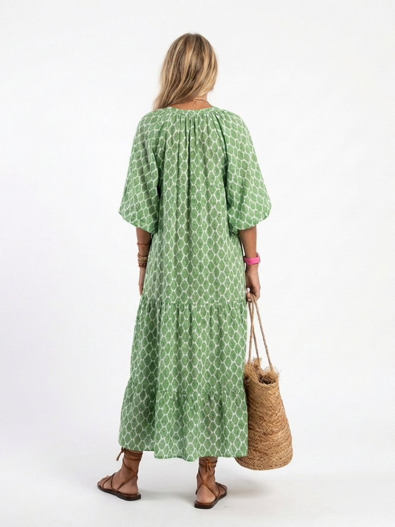 Apolline | Midi-Kleid mit V-Ausschnitt und Muster mit Dreiviertelärmeln