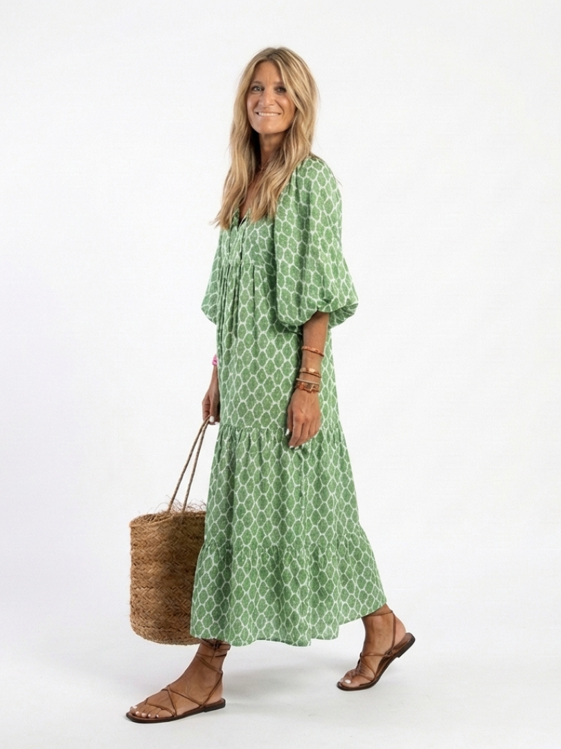 Apolline | Midi-Kleid mit V-Ausschnitt und Muster mit Dreiviertelärmeln