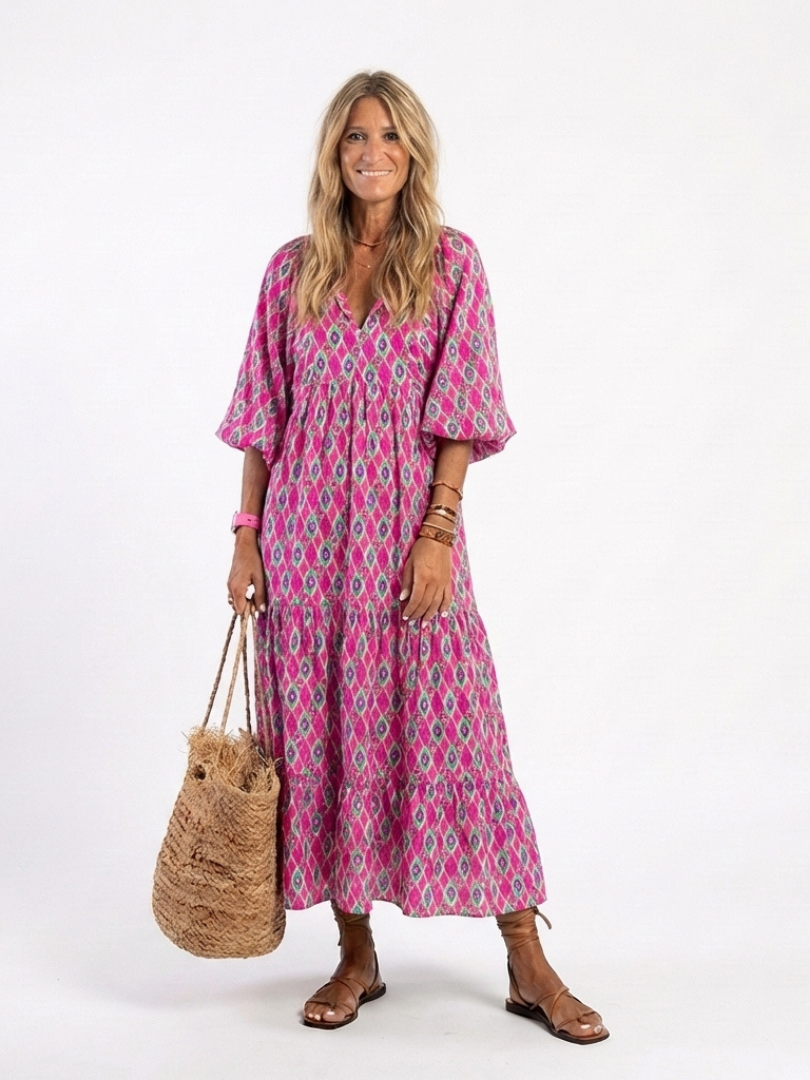 Apolline | Midi-Kleid mit V-Ausschnitt und Muster mit Dreiviertelärmeln