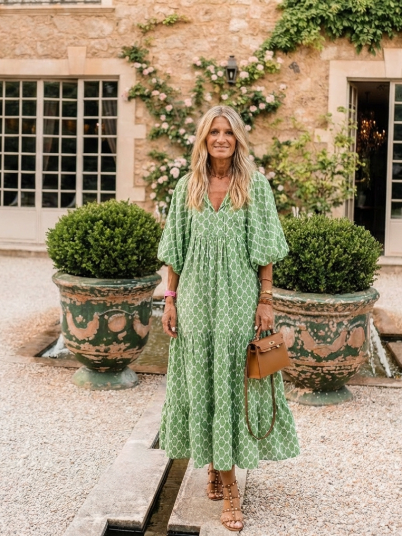 Apolline | Midi-Kleid mit V-Ausschnitt und Muster mit Dreiviertelärmeln