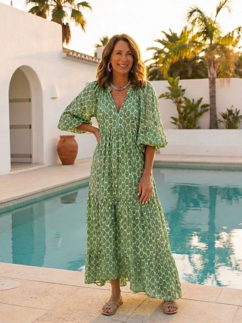 Apolline | Midi-Kleid mit V-Ausschnitt und Muster mit Dreiviertelärmeln