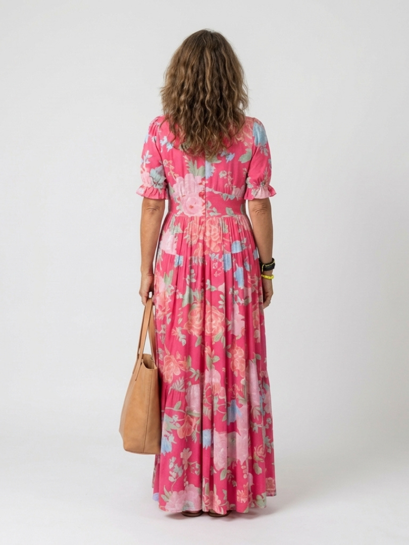 Ione | Kurzärmeliges geblümtes Midikleid mit V-Ausschnitt