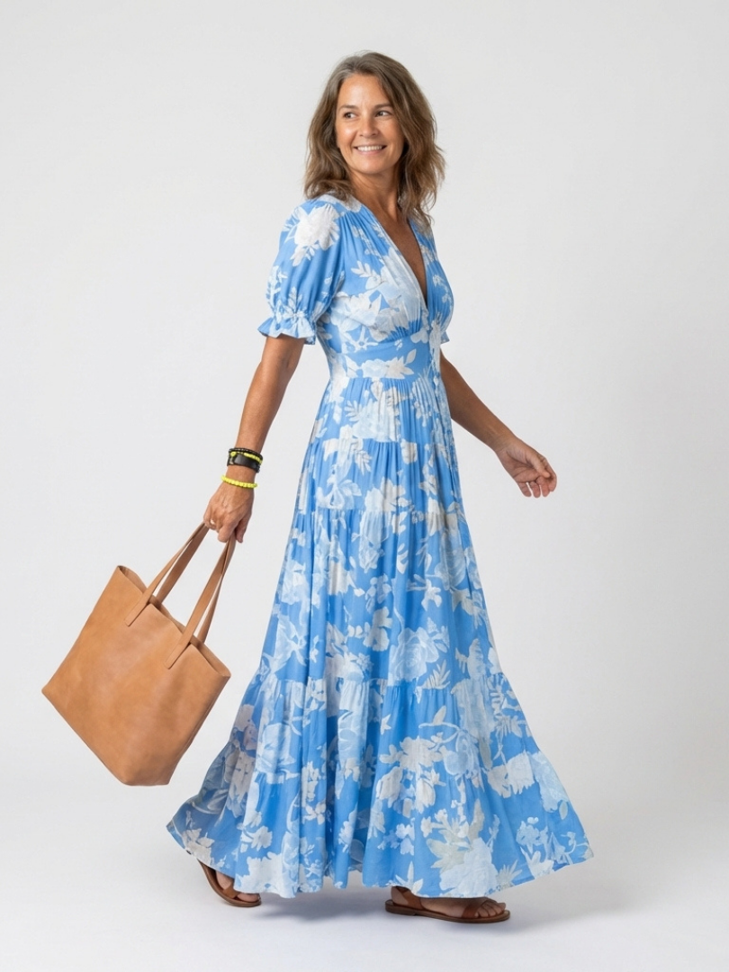 Ione | Kurzärmeliges geblümtes Midikleid mit V-Ausschnitt