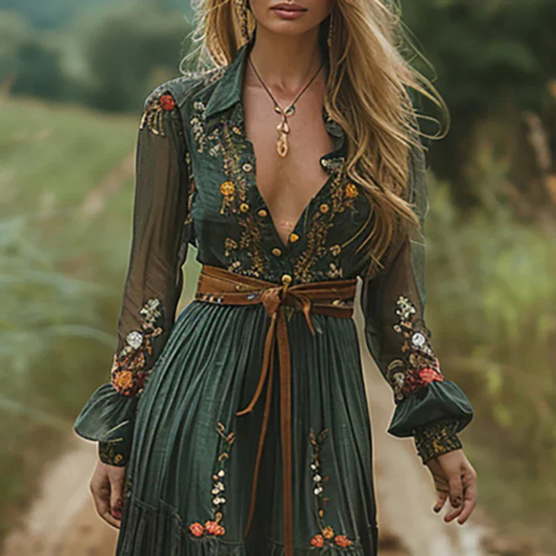 Boho-Kleid für Damen | Besticktes Maxikleid mit V-Ausschnitt