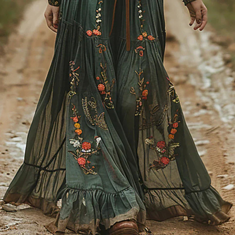 Boho-Kleid für Damen | Besticktes Maxikleid mit V-Ausschnitt