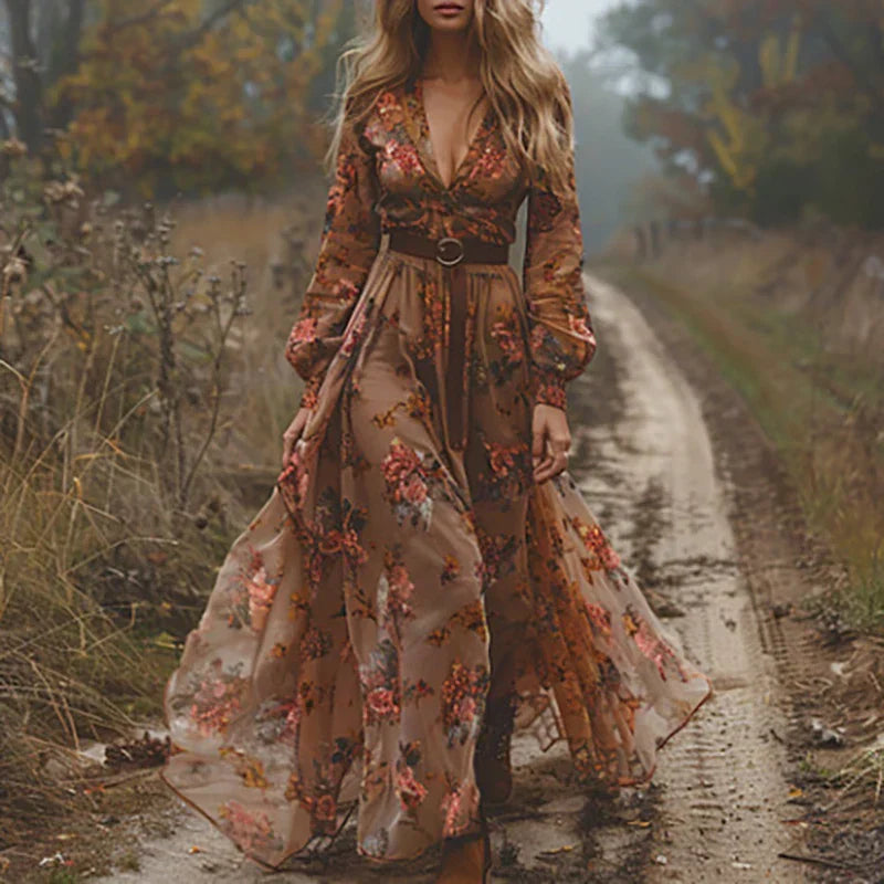 Boho-Kleid für Damen | Besticktes Maxikleid mit V-Ausschnitt