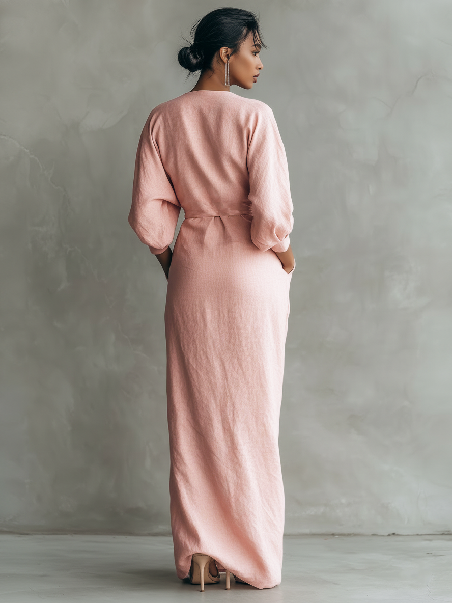 Kate | Damen minimalistisches Maxi-Kleid aus Leinenmix mit V-Ausschnitt
