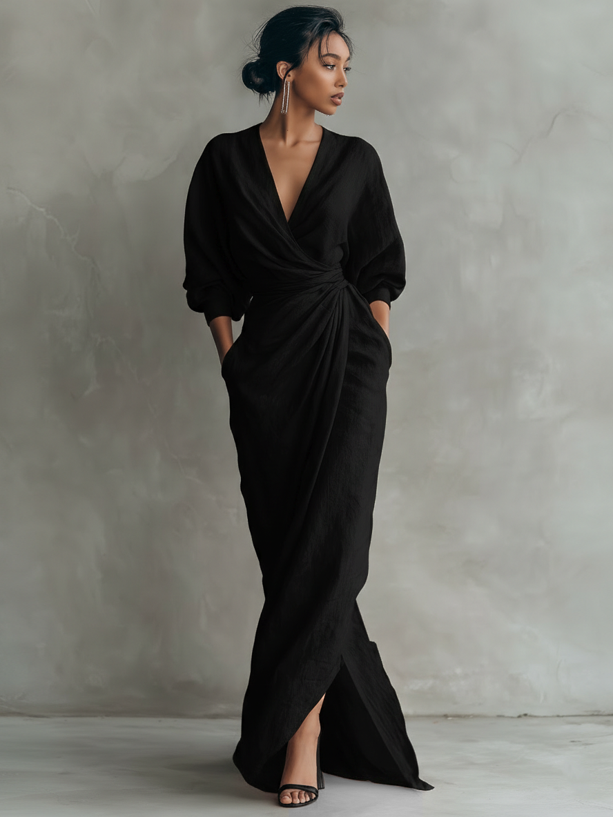 Kate | Damen minimalistisches Maxi-Kleid aus Leinenmix mit V-Ausschnitt
