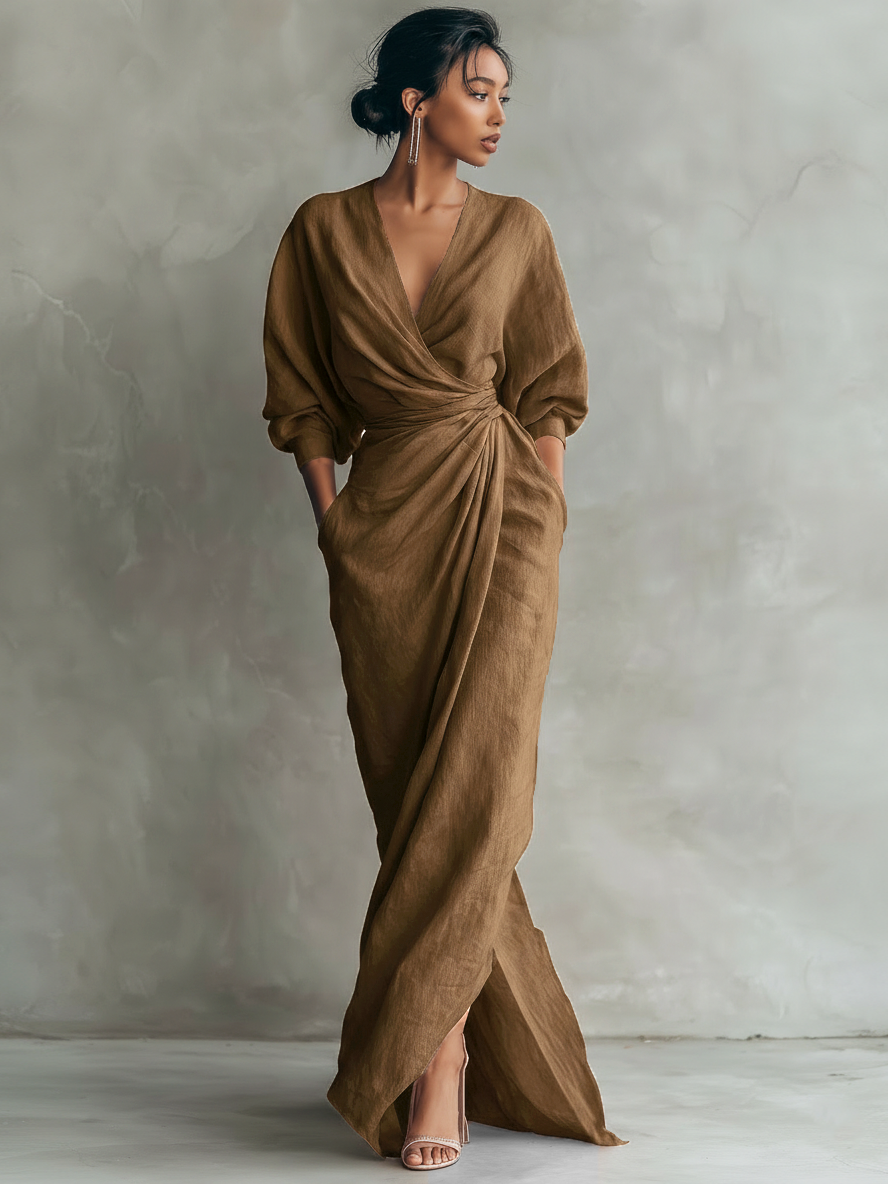 Kate | Damen minimalistisches Maxi-Kleid aus Leinenmix mit V-Ausschnitt