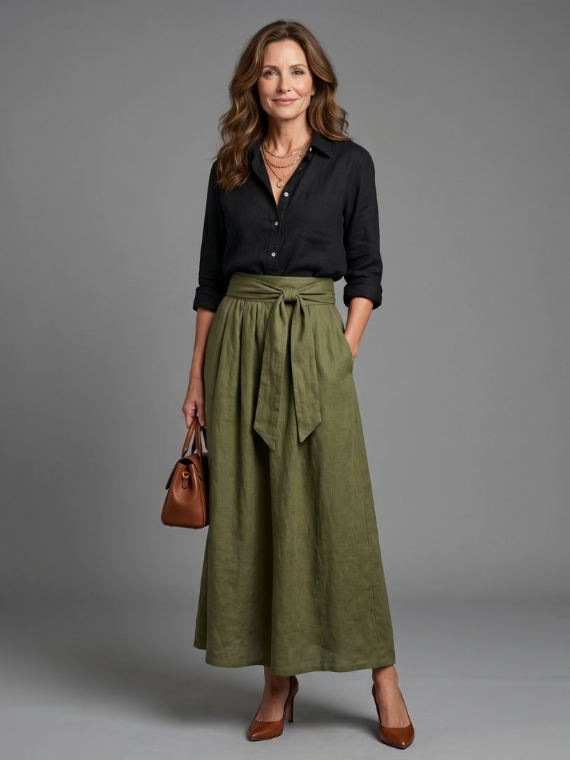 Vera | Zweiteiler Schwarze Bluse Olivgrüner Midirock