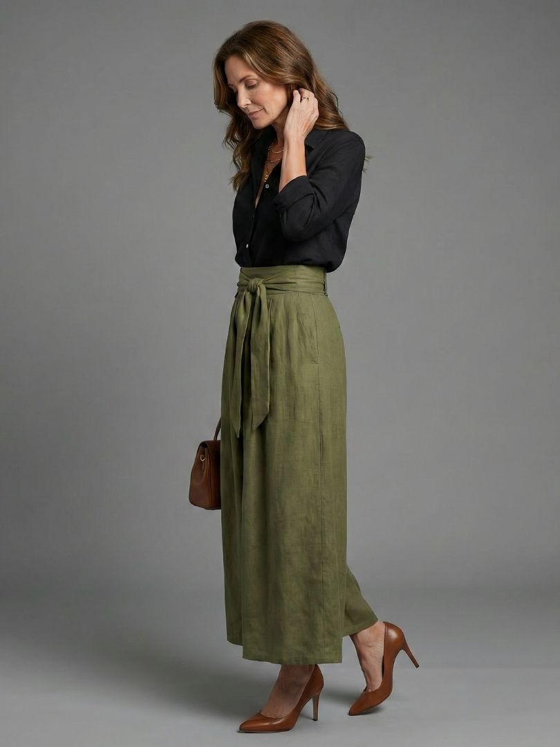 Vera | Zweiteiler Schwarze Bluse Olivgrüner Midirock