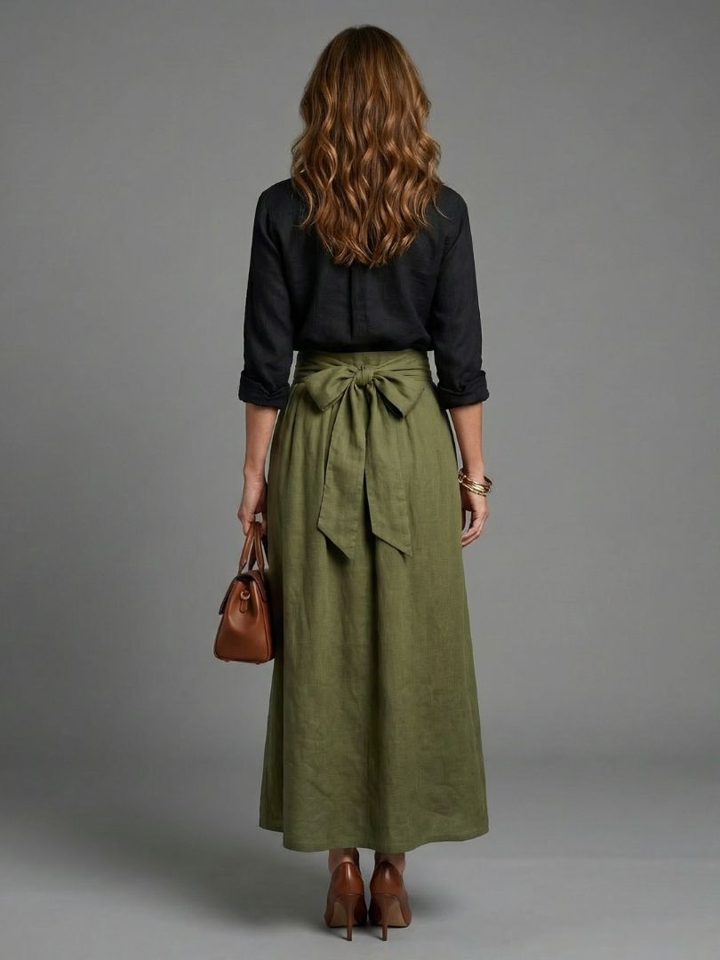 Vera | Zweiteiler Schwarze Bluse Olivgrüner Midirock