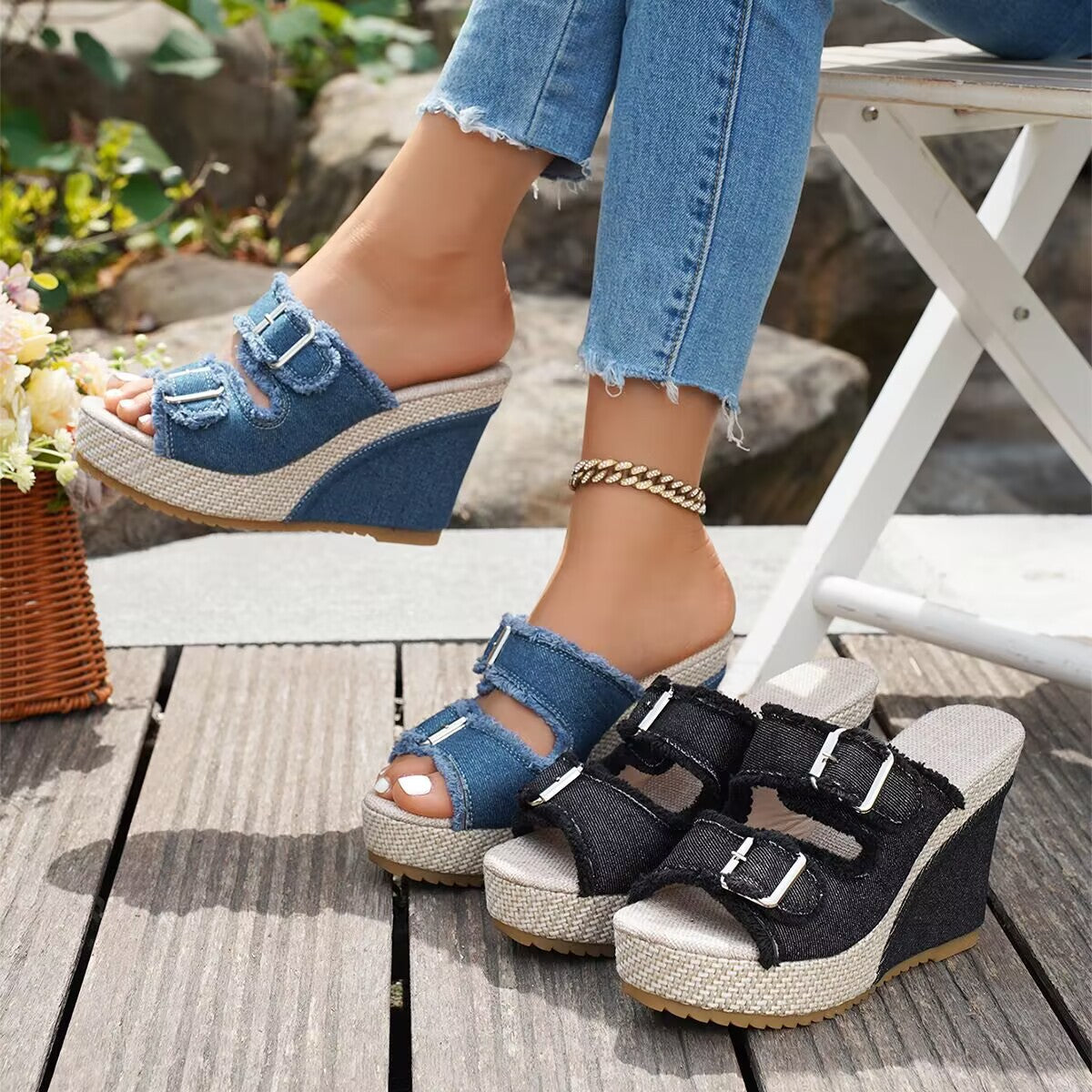 Ada | Denim-Keilsandaletten