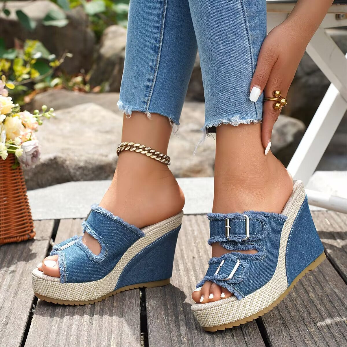 Ada | Denim-Keilsandaletten