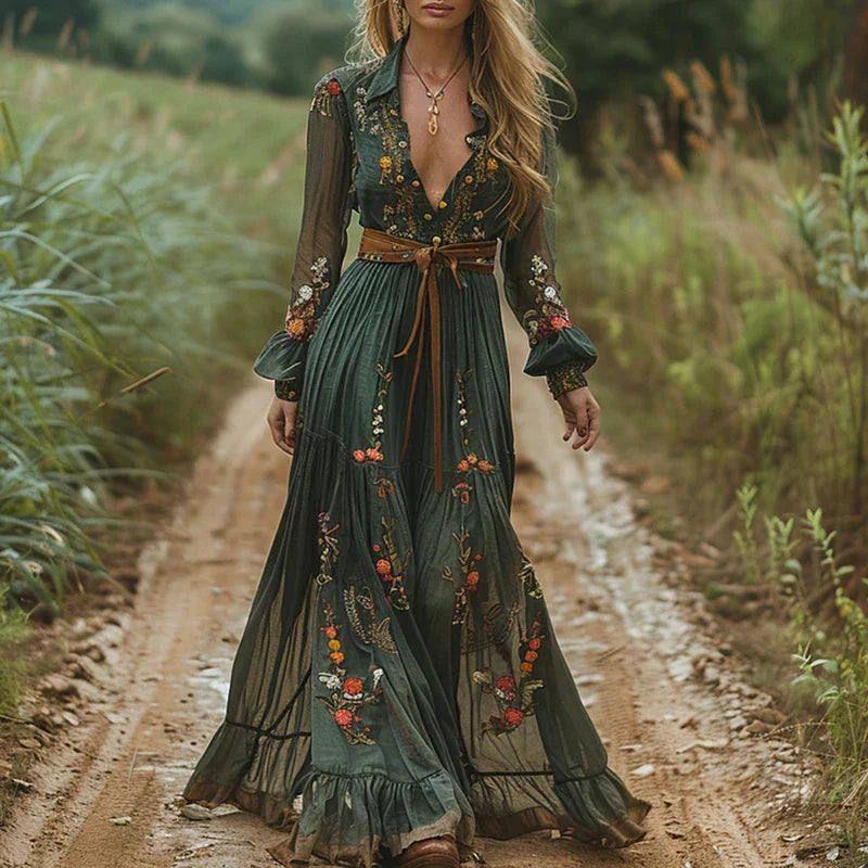 Boho-Kleid für Damen | Besticktes Maxikleid mit V-Ausschnitt