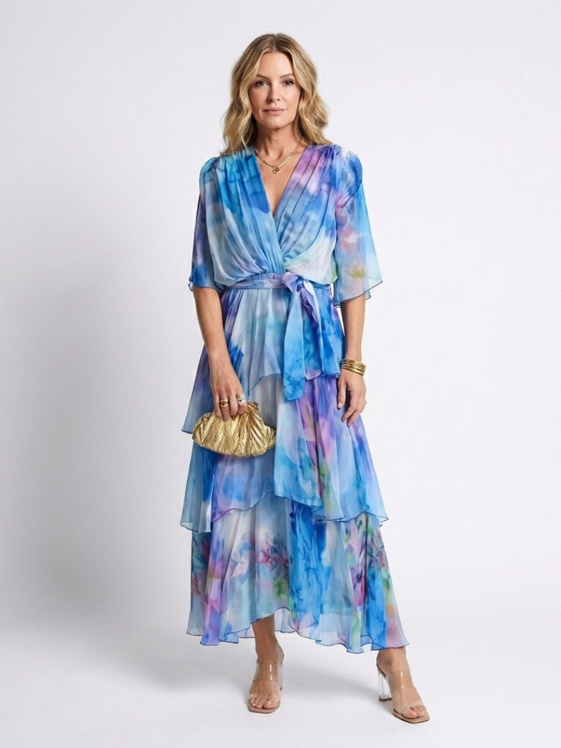 Calista | Maxikleid mit V-Ausschnitt, transparenten Lagen und Taillenband