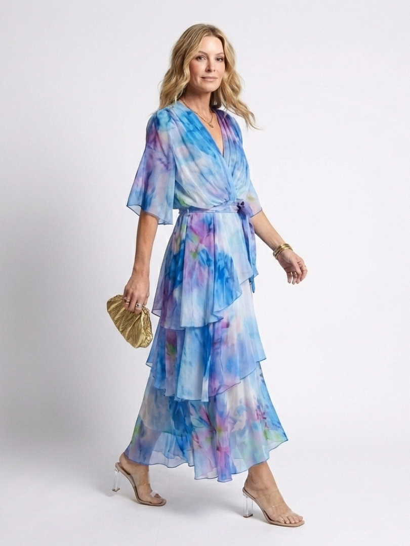 Calista | Maxikleid mit V-Ausschnitt, transparenten Lagen und Taillenband