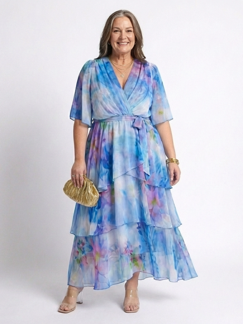 Calista | Maxikleid mit V-Ausschnitt, transparenten Lagen und Taillenband