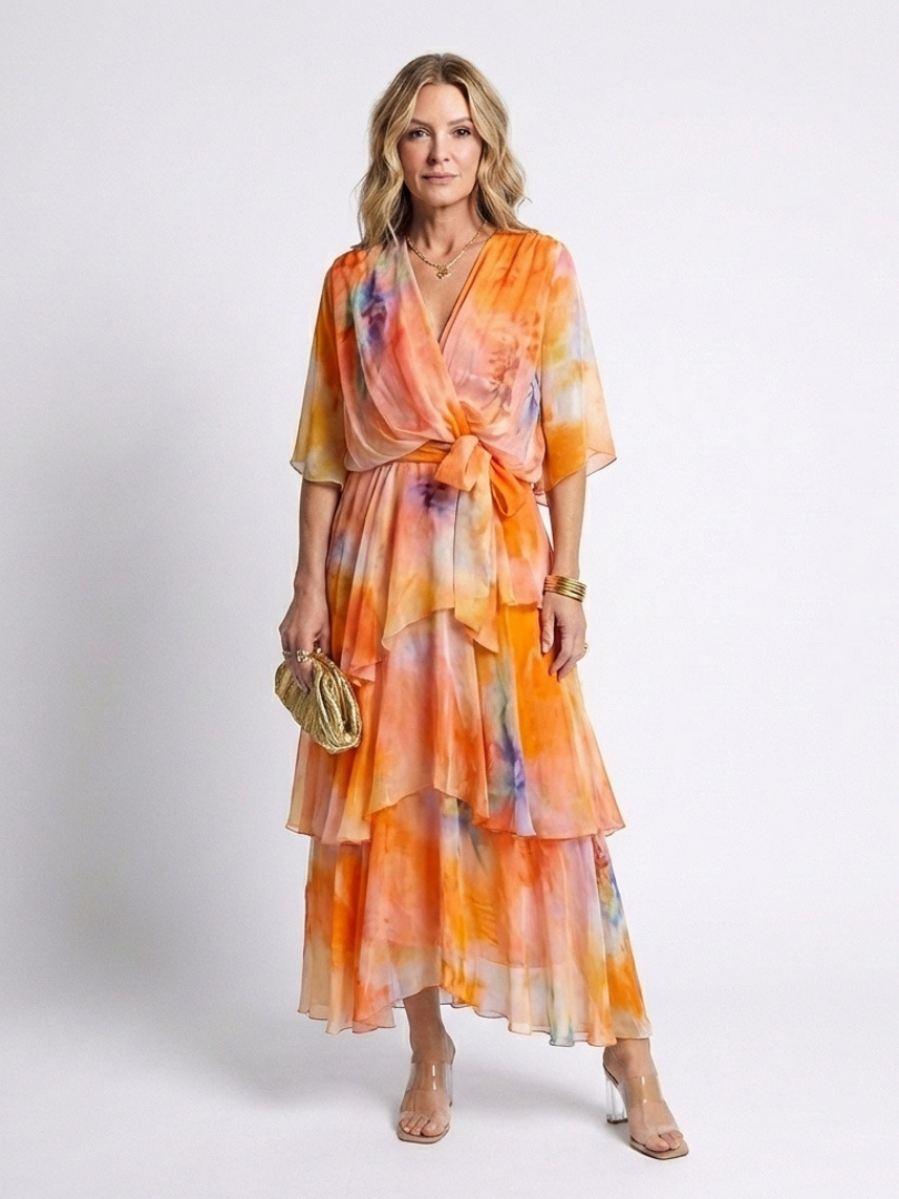 Calista | Maxikleid mit V-Ausschnitt, transparenten Lagen und Taillenband