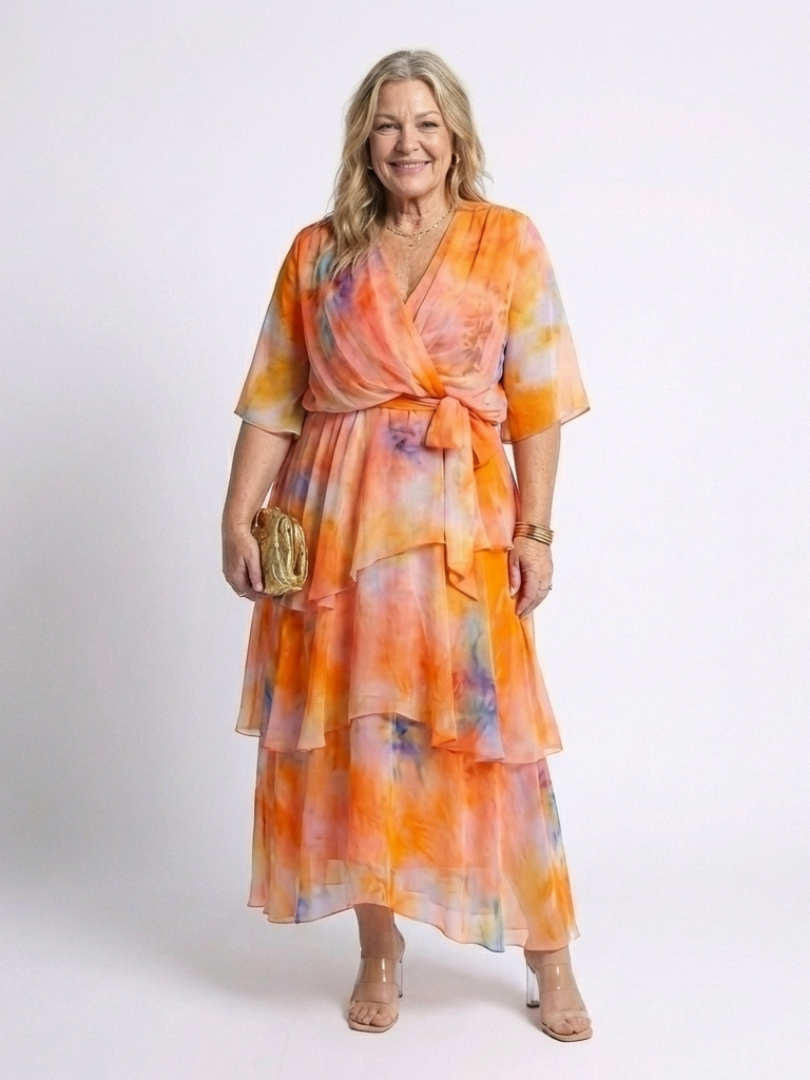 Calista | Maxikleid mit V-Ausschnitt, transparenten Lagen und Taillenband