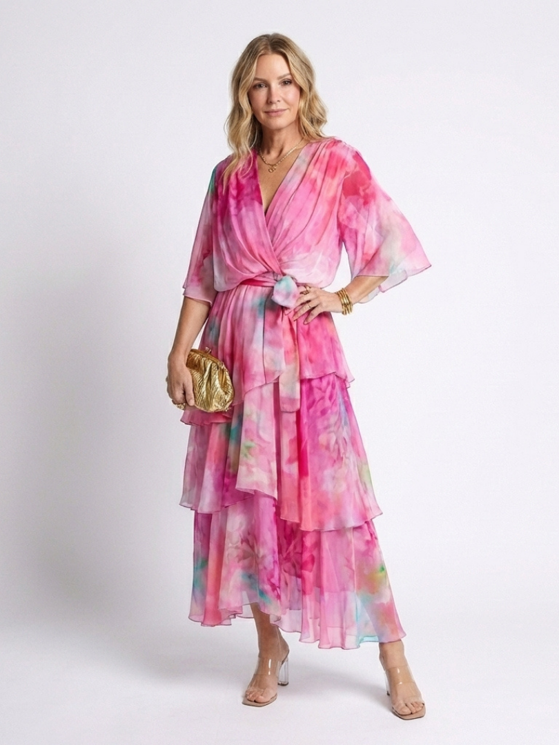 Calista | Maxikleid mit V-Ausschnitt, transparenten Lagen und Taillenband